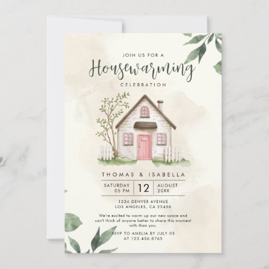 緑モダンとベージュの水のカラー引っ越し祝いパーティー 招待状 (正面)