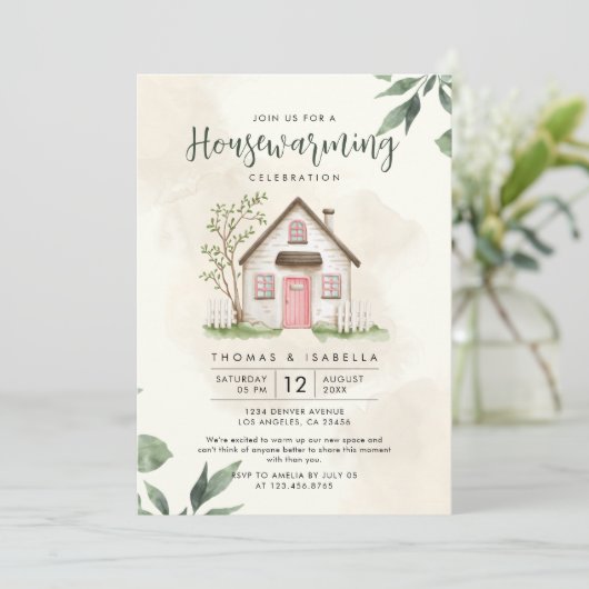 緑モダンとベージュの水のカラー引っ越し祝いパーティー 招待状 (スタンド正面)