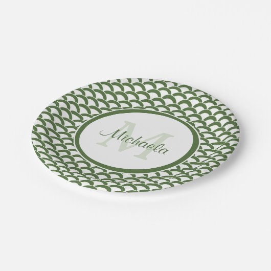 緑モダンと白のホタテのモノグラムと名前 ペーパープレート (アングル)