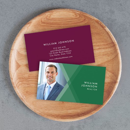 緑モダンと紫の層状の幾何学的な写真 名刺