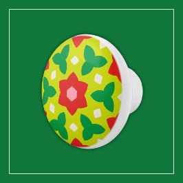 緑モダンと赤の幾何学的フローラの花 セラミックノブ