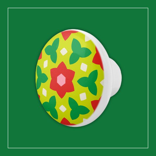 緑モダンと赤の幾何学的フローラの花 セラミックノブ