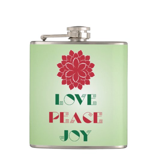 緑モダンと赤の愛、平和、喜び引用文 フラスク (正面)