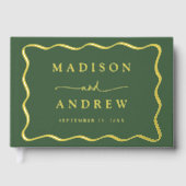 緑モダンと金ゴールドの波状フレームの結婚写真 ゲストブック (正面)