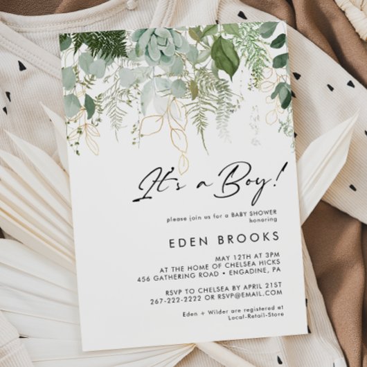 緑モダンと金ゴールドの男の子のシャワー 招待状