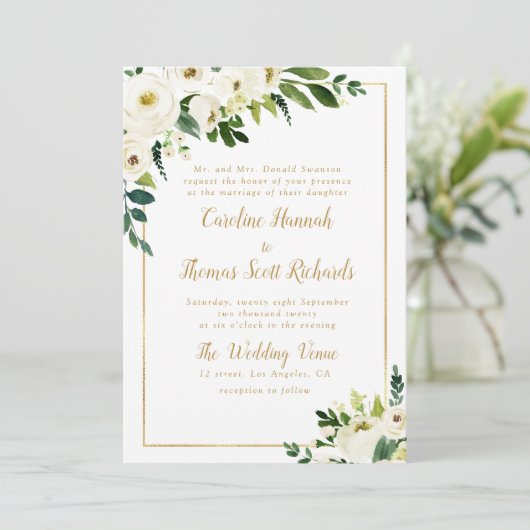 緑モダンと金ゴールドの花結婚式招待状 招待状 (スタンド正面)