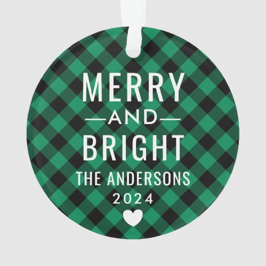緑モダンと黒のバッファローの格子柄の写真 オーナメント (裏面)