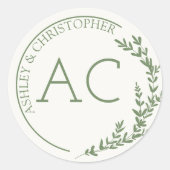 緑モダンにミュートされた葉のフレ結婚ーム ラウンドシール (正面)