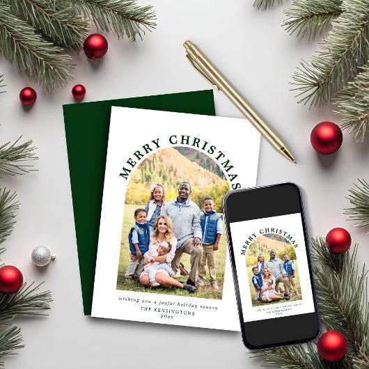 緑モダンのアーチクリスマスホリデーフォト シーズンカード
