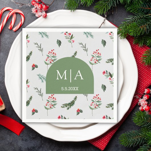 緑モダンのアーチモノグラム結婚植物体 スタンダードカクテルナプキン