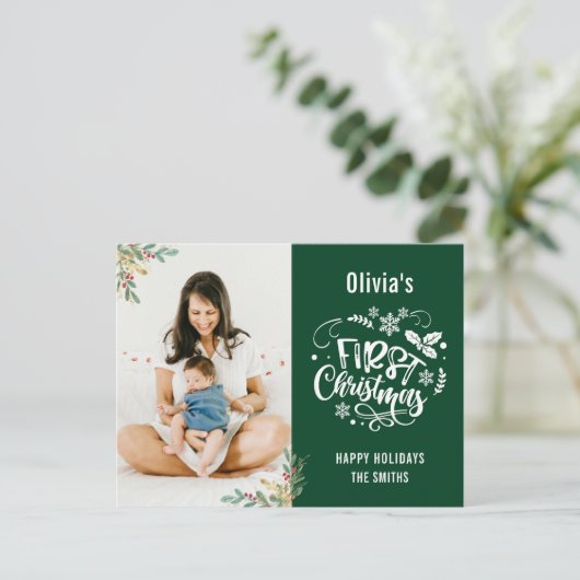 緑モダンのエレガントフローラベビー初めてのクリスマス シーズンポストカード (スタンド正面)