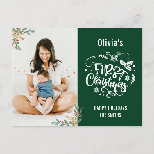 緑モダンのエレガントフローラベビー初めてのクリスマス シーズンポストカード (正面)