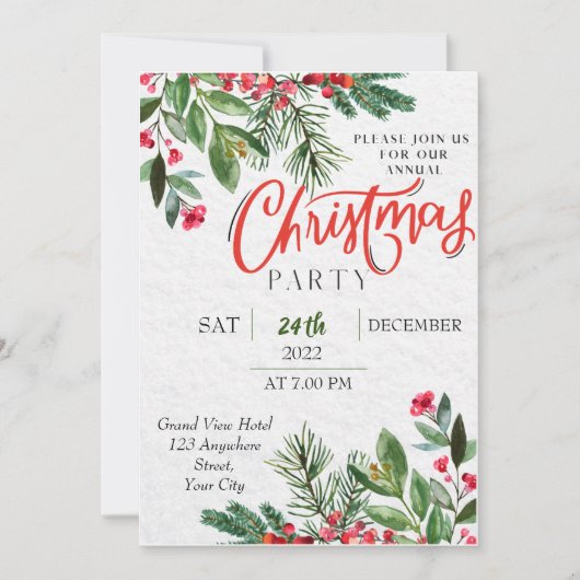 緑モダンのクリスマスパーティの招待状 (正面)