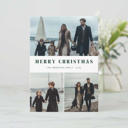 緑モダンのクリスマスファミリーフォト航海のビーチ シーズンカード (スタンド正面)