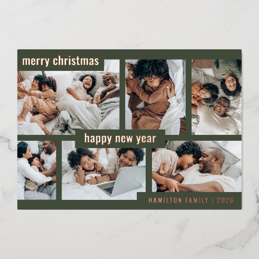 緑モダンのクリスマス新年6枚の写真コラージュ 箔シーズンカード (正面)