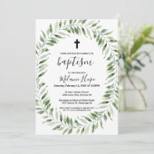 緑モダンのシンプル十字洗礼 招待状 (スタンド正面)