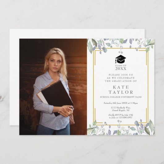 緑モダンのフローラ卒業パーティーの写真 招待状 (正面/裏面)