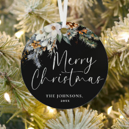 緑モダンのメリークリスマスファミリーフォトブラック メタルオーナメント