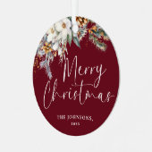 緑モダンのメリークリスマスファミリー写真赤 メタルオーナメント (正面左)