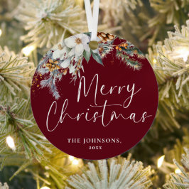 緑モダンのメリークリスマスファミリー写真赤 メタルオーナメント