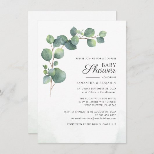 緑モダンのユーカリのカップル赤ちゃんシャワー 招待状 (正面/裏面)