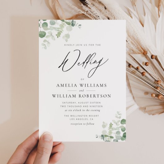緑モダンのユーカリの結婚台本 招待状