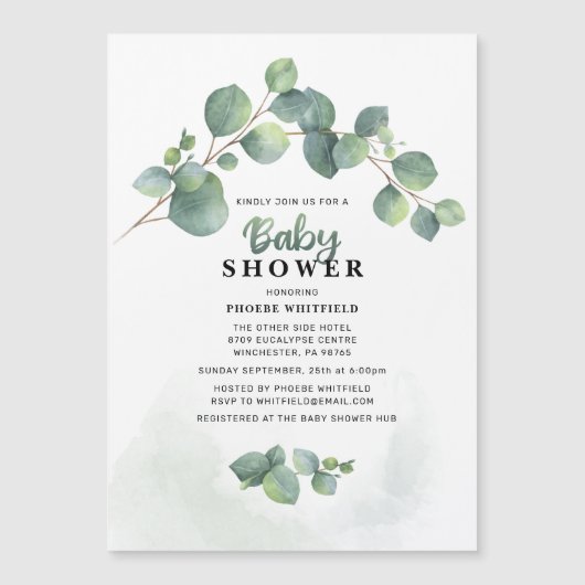 緑モダンのユーカリ赤ちゃんシャワー マグネット招待状 (正面)