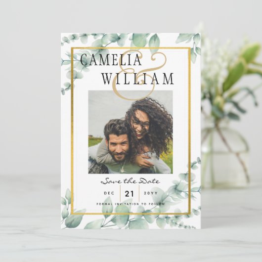 緑モダンの写真の結婚式の日付を保存QRcode 招待状 (スタンド正面)