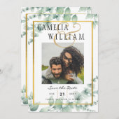 緑モダンの写真の結婚式の日付を保存QRcode 招待状 (正面/裏面)