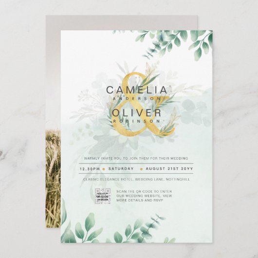 緑モダンの写真結婚式招待状QRコード 招待状 (正面/裏面)