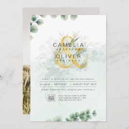 緑モダンの写真結婚式招待状QRコード 招待状