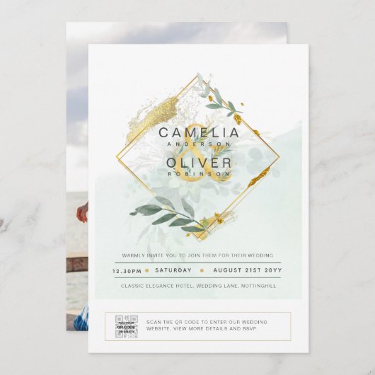 緑モダンの写真結婚式招待状QRコード 招待状 (正面/裏面)