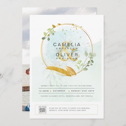 緑モダンの写真結婚式招待状QRコード 招待状 (正面/裏面)