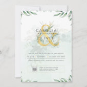 緑モダンの写真結婚式招待状QRコード 招待状 (正面)