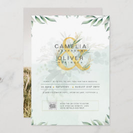 緑モダンの写真結婚式招待状QRコード 招待状