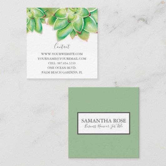 緑モダンの多汁緑の水彩 スクエア名刺 (正面/裏面)