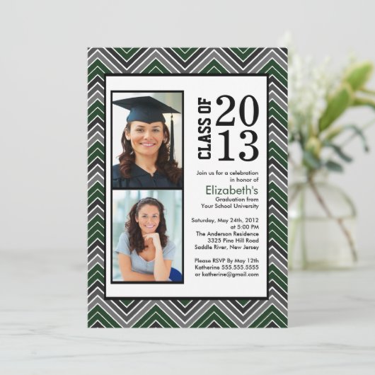 緑モダンの山ストライプ形の写真卒業 招待状 (スタンド正面)