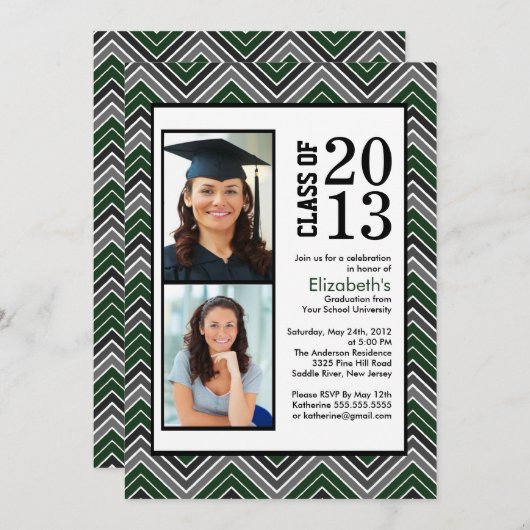 緑モダンの山ストライプ形の写真卒業 招待状 (正面/裏面)