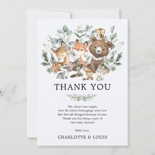 緑モダンの森の動物の赤ちゃんシャワー サンキューカード (正面)