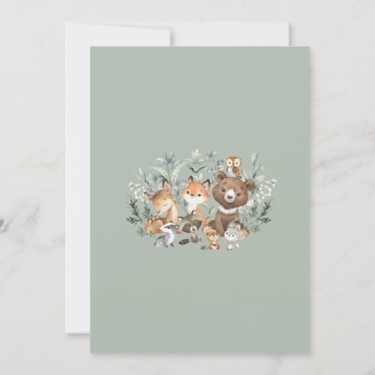 緑モダンの森の動物の赤ちゃんシャワー サンキューカード (裏面)