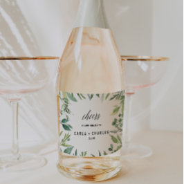 緑モダンの植物の結婚葉 スパークリングワインラベル