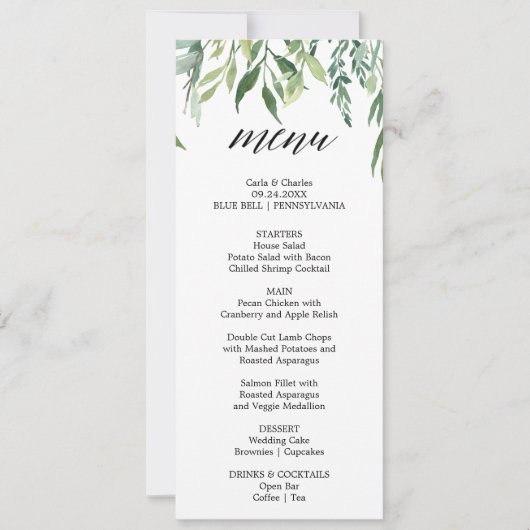 緑モダンの植物の葉ディナーメニューカード 招待状 (正面)