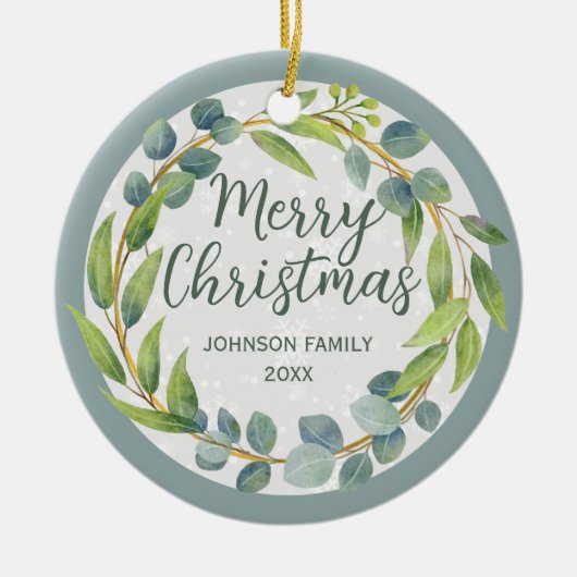 緑モダンの水の色葉の休日の写真 セラミックオーナメント (正面)