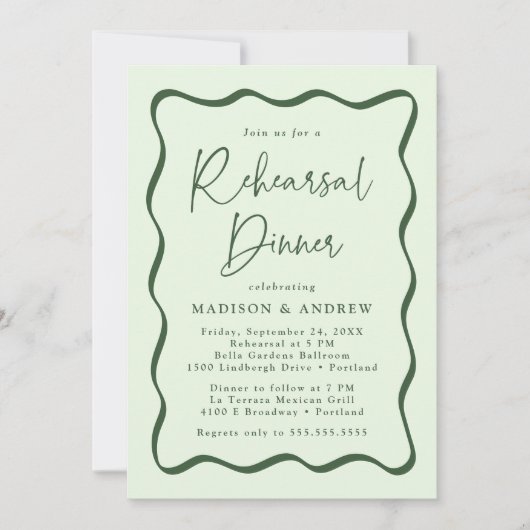 緑モダンの波打ち結婚フレームのリハーサル 招待状 (正面)