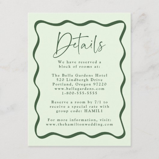 緑モダンの波状フレームの結婚詳細 エンクロージャーカード (正面)