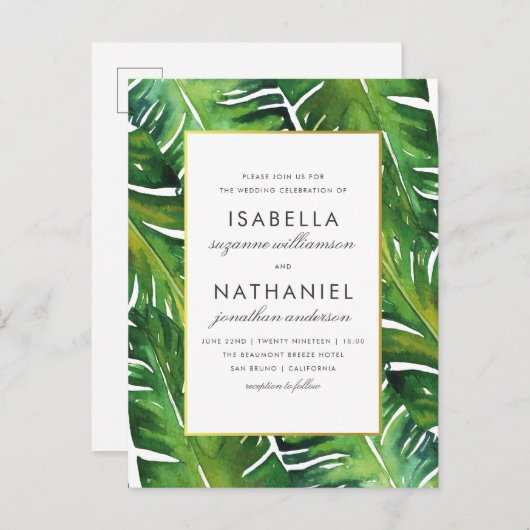 緑モダンの熱帯葉の結婚 インビテーションポストカード (正面/裏面)