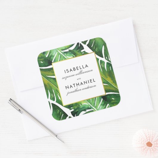 緑モダンの熱帯葉の結婚 スクエアシール (封筒)