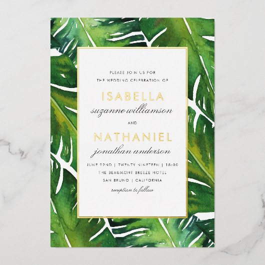 緑モダンの熱帯葉の結婚 箔招待状 (正面)