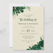 緑モダンの熱帯雨林の葉優雅な結婚式 招待状 (正面)