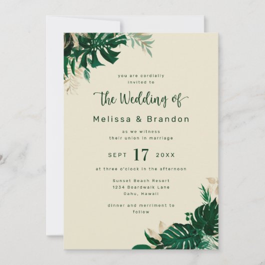 緑モダンの熱帯雨林の葉優雅な結婚式 招待状 (正面)